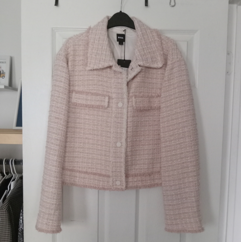 HUGO BOSS WOMENS PINK WHITE TWEED STYLE BLAZER JACKET SIZE US 12 NEW WITH TAGS - Picture 3 of 6